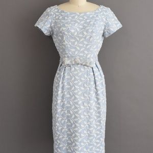 Vintage Periwinkle Blue Cocktail Dress 50s Embroidered Linen Small